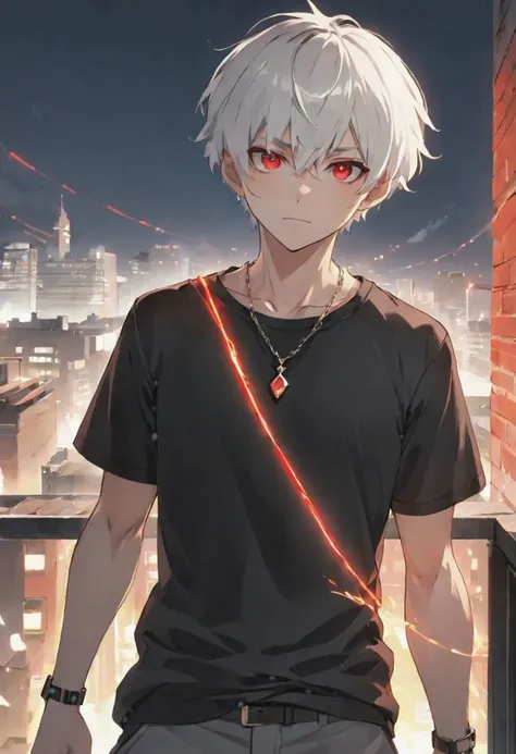 (black t shirt, necklace,) adult male, BREAK, narrow red eyes,  BREAK , short white hair, side bangs, calm expression,  BREAK, cool colours, BREAK, wallpaper, rooftop, BREAK, absurdres, masterpiece, BREAK, red lightning aura, <lora:Festive_Bokeh_Anime:0.5>,mioha