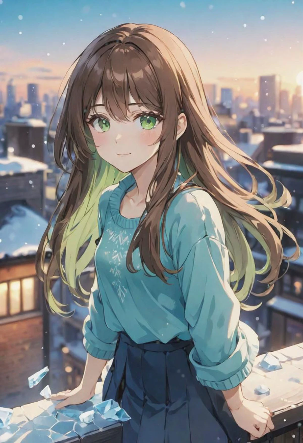 (casual clothing,) adult female, BREAK, soft green eyes, BREAK , styled elegantly long brown hair, side bangs, happy, BREAK, cool colours, BREAK, wallpaper, rooftop, BREAK, absurdres, masterpiece, BREAK, blue ice aura, <lora:Festive_Bokeh_Anime:0.5>,mioha