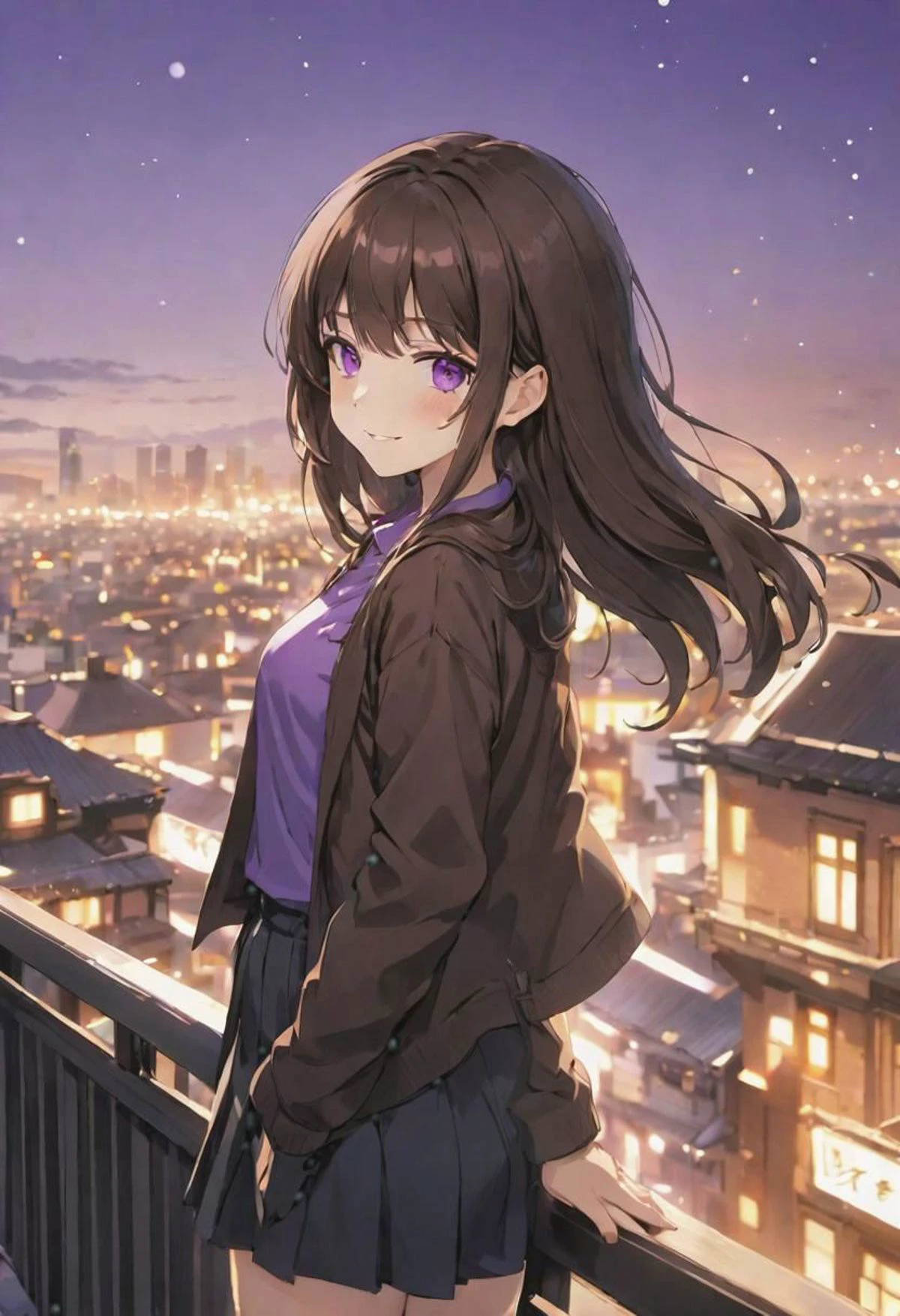(casual clothing,) adult female, BREAK, purple eyes, BREAK , long, elegant, dark brown hair, side bangs, smiling, BREAK, warm colours, BREAK, wallpaper, rooftop, BREAK, absurdres, masterpiece, BREAK, <lora:Festive_Bokeh_Anime:0.5>,mioha