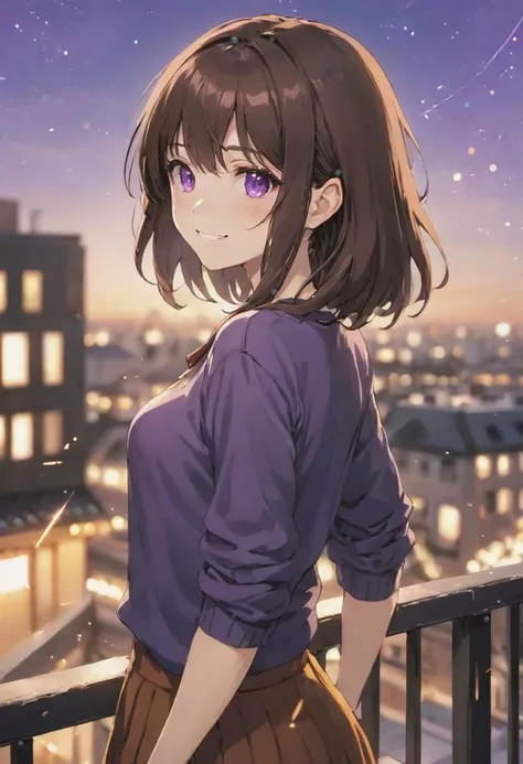 (casual clothing,) adult female, BREAK, purple eyes,  BREAK , long, elegant, dark brown hair, side bangs, smiling,  BREAK, warm colours, BREAK, wallpaper, rooftop, BREAK, absurdres, masterpiece, BREAK, <lora:Festive_Bokeh_Anime:0.5>,mioha