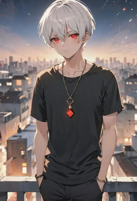 (black t shirt, necklace,) adult male, BREAK, narrow red eyes,  BREAK , short white hair, side bangs, calm expression,  BREAK, cool colours, BREAK, wallpaper, rooftop, BREAK, absurdres, masterpiece, BREAK, <lora:Festive_Bokeh_Anime:0.5>,mioha