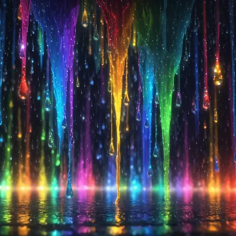 Glowing rain, ((Rainbow droplets:1.5)), radiant (trails:1.3), individual (colors), shimmering (reflections), (wet surface), (mesmerizing patterns), (dark background), (medium shot), (intense focus:1.2).. masterpiece, best quality, detailed, realistic, 8k UHD, high quality, lifelike, precise, vibrant, absurdres, SimplepositiveXLv1