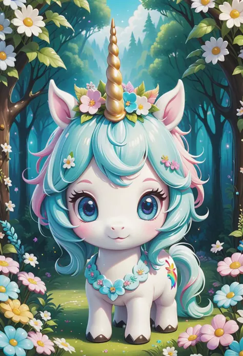 Digital art of a cold dough chibi unicorn. He has white skin, candy color mane and bright eyes, flowers on his head. Enchanted forest background. Extremely cute, charming and delicate. High definition, 8k, oil painting, detailed masterpiece. Translucent image. Pastel tones.