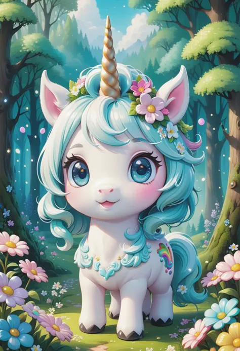 Digital art of a cold dough chibi unicorn. He has white skin, candy color mane and bright eyes, flowers on his head. Enchanted forest background. Extremely cute, charming and delicate. High definition, 8k, oil painting, detailed masterpiece. Translucent image. Pastel tones.