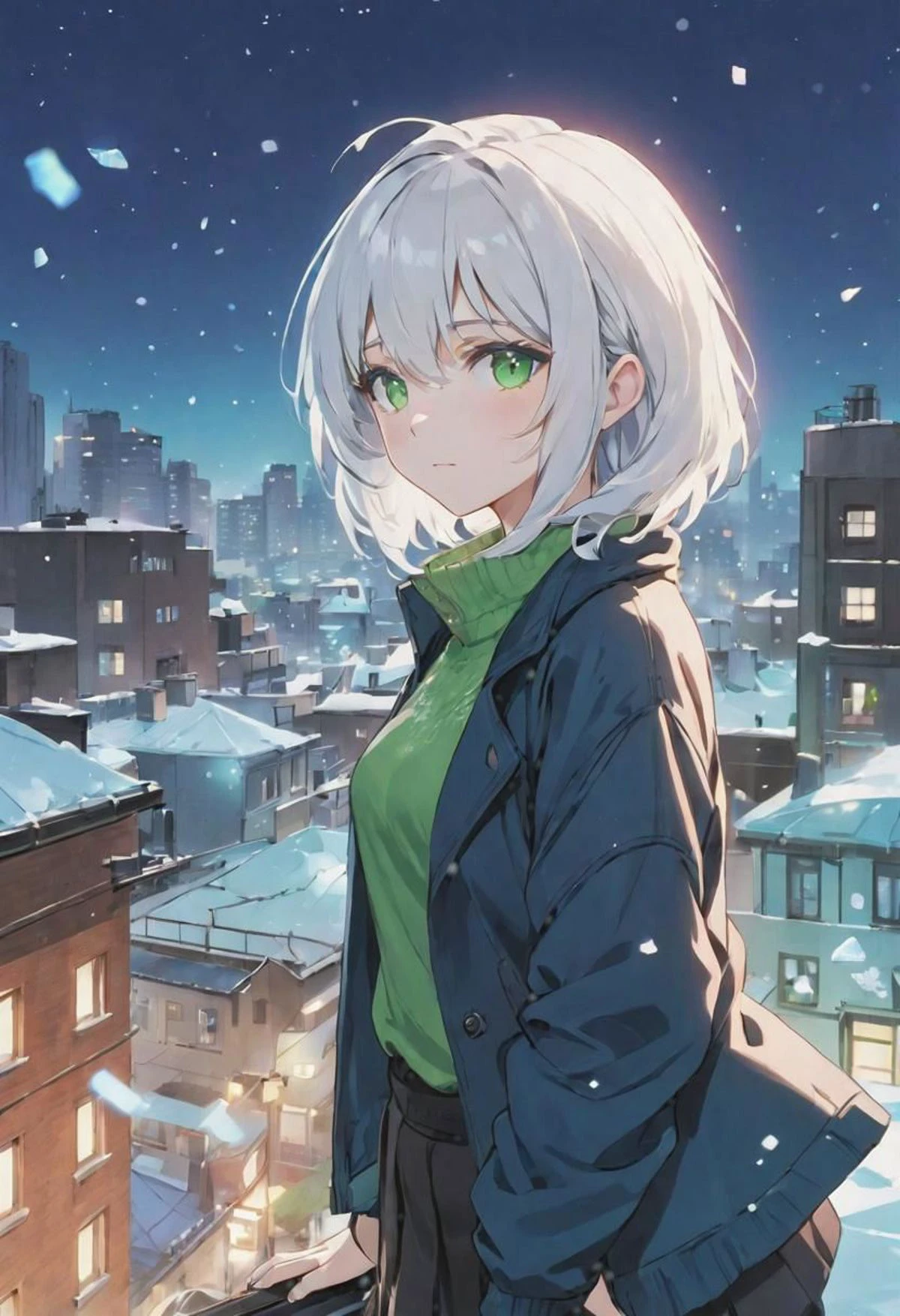 (casual clothing,) adult female, BREAK, soft green eyes, BREAK , styled elegantly white hair, side bangs, happy, BREAK, cool colours, BREAK, wallpaper, rooftop, BREAK, absurdres, masterpiece, BREAK, blue ice aura, <lora:Festive_Bokeh_Anime:0.5>,mioha