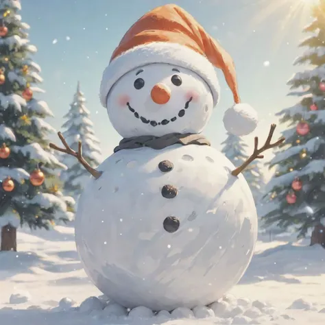 Snowman. Carrot nose. Marble ball eyes. Stick arms. Cute, smiling. Sparkling in sunlight. Santa hat. Snowing. Christmas tree in background.