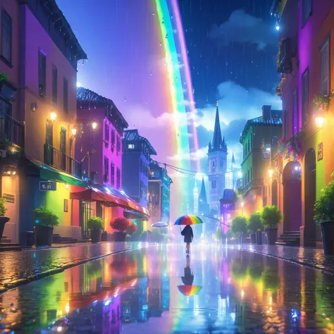 Rain-soaked city, ((rainbow-colored droplets:1.5)), (glowing trails), night (reflection), (wet cobblestone), (luminous skyline), (mysterious figure), (enigmatic ambiance), (medium shot) masterpiece, best quality, detailed, realistic, 8k UHD, high quality, lifelike, precise, vibrant, absurdres, SimplepositiveXLv1