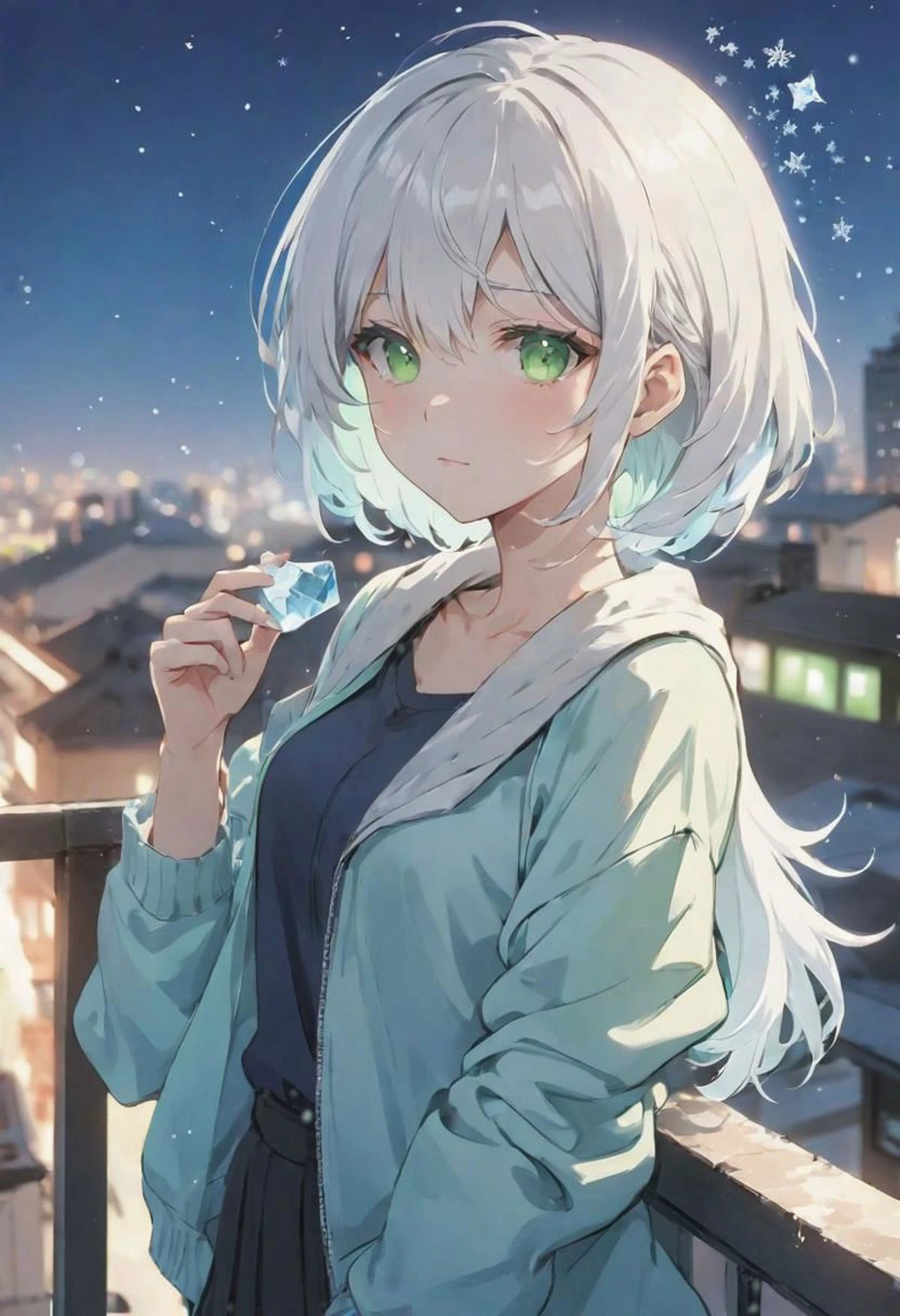 (casual clothing,) adult female, BREAK, soft green eyes, BREAK , styled elegantly white hair, side bangs, happy, BREAK, cool colours, BREAK, wallpaper, rooftop, BREAK, absurdres, masterpiece, BREAK, blue ice aura, <lora:Festive_Bokeh_Anime:0.5>,mioha
