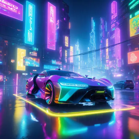 Neon night, (rainbow-colored rain:1.3), (bright trails), cyberpunk (cityscape), (illuminated signs), futuristic (vehicles), (gleaming roads), (urban mystique), (wide angle shot) masterpiece, best quality, detailed, realistic, 8k UHD, high quality, lifelike, precise, vibrant, absurdres, SimplepositiveXLv1