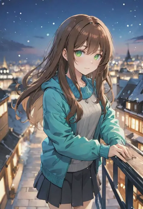 (casual clothing,) adult female, BREAK, soft green eyes,  BREAK , styled elegantly long brown hair, side bangs, happy,  BREAK, cool colours, BREAK, wallpaper, rooftop, BREAK, absurdres, masterpiece, BREAK, blue ice aura, <lora:Festive_Bokeh_Anime:0.5>,mioha