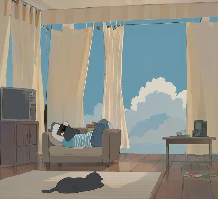 sky, curtains, indoors, couch, window, cat, cloud, blue sky, lying, table, shirt, television, day, pillow, solo, striped shirt, wooden floor, black cat, 1boy, striped, rug<lora:warmbackgroundxl-v1:0.8>