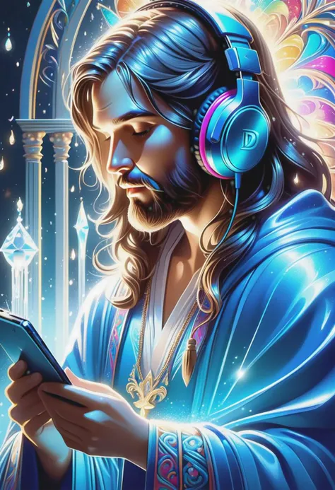 hyper detailed realistic 3d 4k christ, portrait style, realistic detailed blue robes, hyper realistic colorful headphones listening to music, rocking out, d & d, wet, shiny, fantasy, intricate, elegant, highly detailed, digital painting, artstation, concept art, smooth, sharp focus, illustration, art by artgerm and greg rutkowski and alphonse mucha, in the style of charlie bowater, Camilla d'Errico, Kurtis Rykovich, simona candini, daniel kordek, arcane circle, eye level angle, intricate details, highly detailed, insanely detailed, 8K, hd, cinematic lighting, realistic, photo realism, lighting from front, sharp focus, dramatic lighting, organic texture, unreal engine, high octane render, 12k, hyperrealistic, hyperdetailed