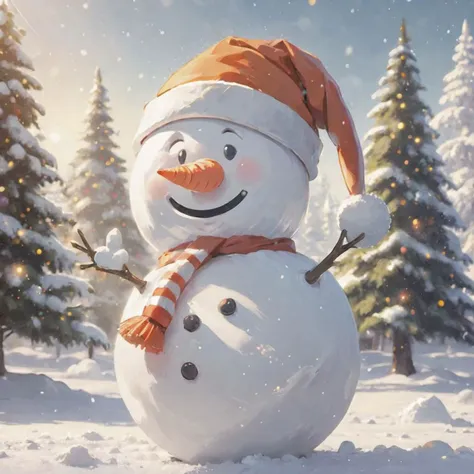 Snowman. Carrot nose. Marble ball eyes. Stick arms. Cute, smiling. Sparkling in sunlight. Santa hat. Snowing. Christmas tree in background.