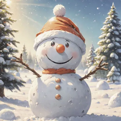 Snowman. Carrot nose. Marble ball eyes. Stick arms. Cute, smiling. Sparkling in sunlight. Santa hat. Snowing. Christmas tree in background.