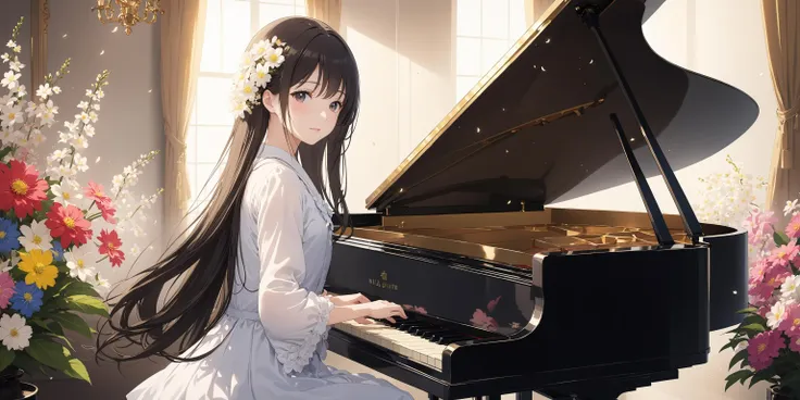 nijistyle,NijiCute,masterpieces,one girl,solo,flower,piano,long hair,