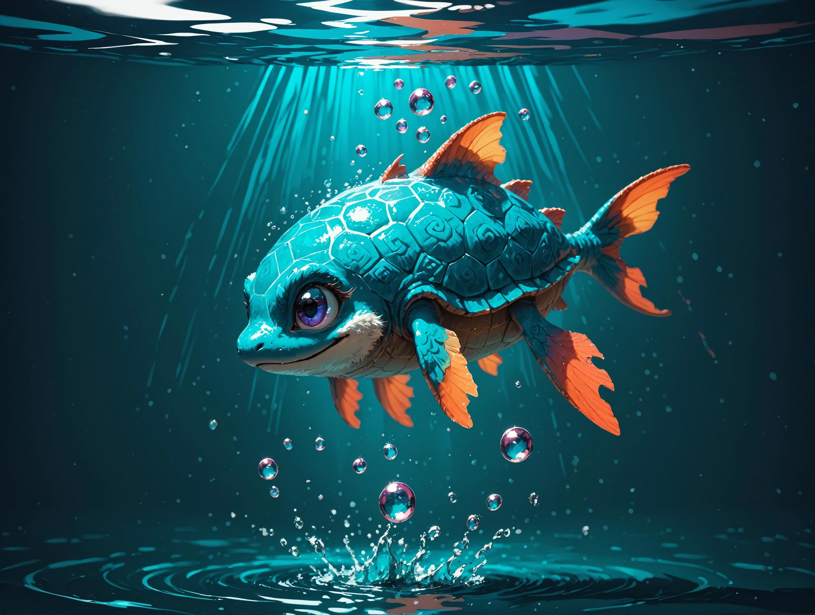 score_9,score_8_up,score_7_up,score_6_up,score_5_up,score_4_up,abstract water splash background,white-blue background,under  water,blue-white,<lora:sinfully_stylish_SDKL:0.7>,portrait,splashy water-made huge cute [turtle:fish],water,made out of water,fluffy water,happy cute creature,fantasy,third quarter view,(floating water drops),glowing intricate gemstones behind,heavily detailed body,((deep shadows,hard shadows)),glowing haze,windy motion lines fantasy,<lora:d3t41l3dXLP:0.3>,d3t41l3d,<lora:is_pretty:0.7>,is pretty,<lora:Fant5yP0ny:0.4>,<lora:detailed_notrigger:1>,<lora:a_rainbow_exploding_with_joy:0.3>,A rainbow exploding with joy,
