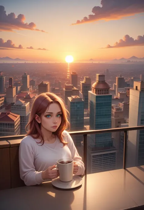 zPDXL, 1 cup of coffee, nobody, roof, city, sunrise, sun ray, intricate details, depth of field, 4K, masterpiece, rating_safe