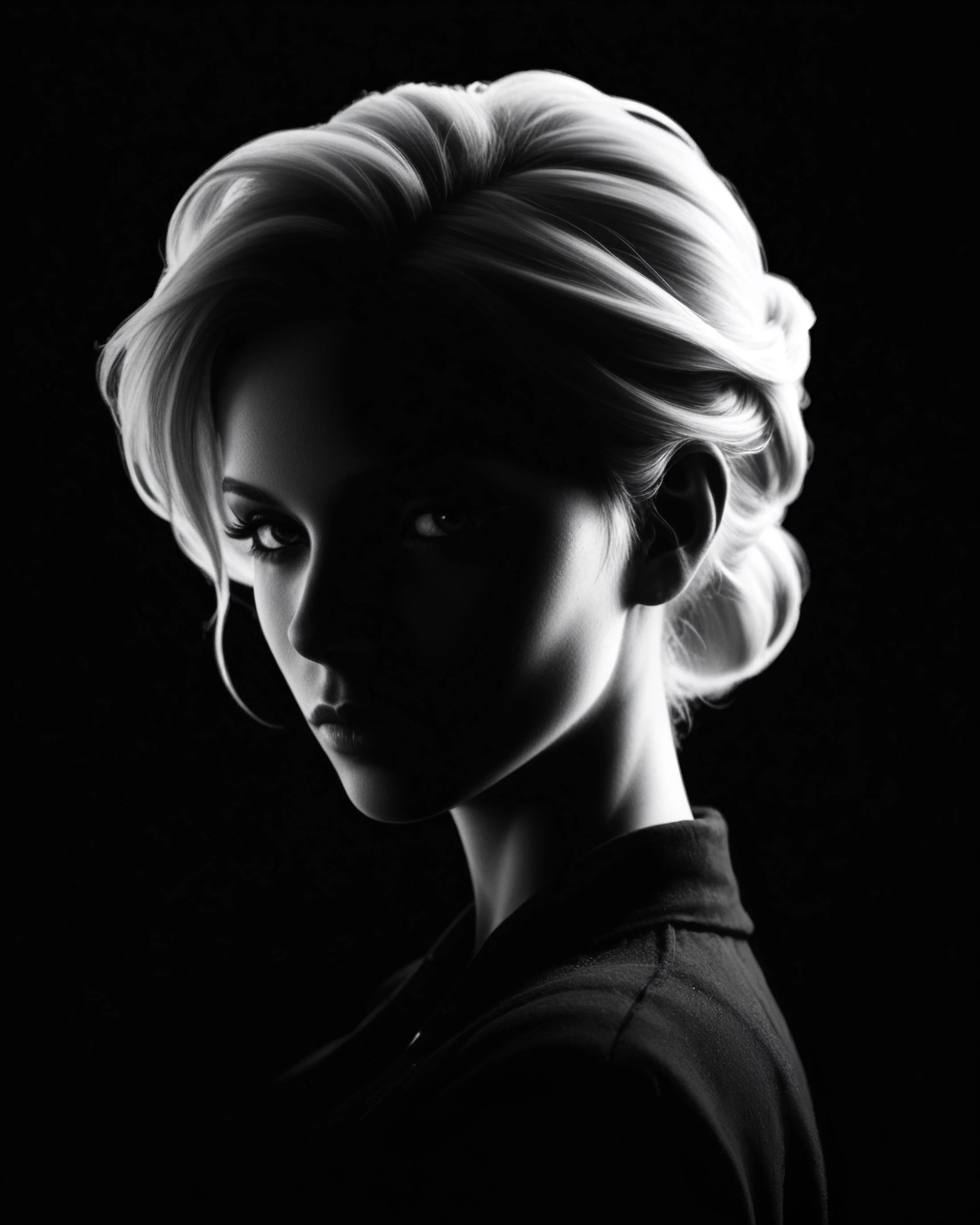 [[2 checkpoints listed for Merge. also used IP-Adapter & digital painting]]  score_9, score_8_up, score_7_up, source_photo.  highly professional, dark photo, (monochrome), Black background, portrait, silhouette.  beautiful woman