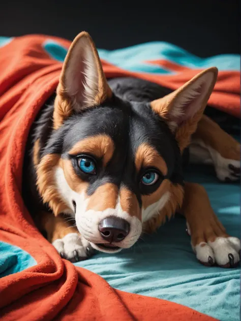 technology book cover art, modern, sleek, high tech, metallic colors score_9, score_8_up, score_7_up, score_6_up, vibrant, source_photo, realistic, the image presents a small black dog, possibly a chihuahua or similar breed, with striking blue eyes that stand out against its dark fur. the dog is lying down on what appears to be a colorful blanket, the details of which are slightly blurred in the background, focusing attention primarily on the dog itself. the dog's posture and attentive gaze suggest it is looking directly at the camera, creating a sense of connection between the viewer and the subject. this effect is further enhanced by the contrast between the dark fur of the dog and its vibrant blue eyes. overall, the image captures a moment of calm interaction between the dog and an unseen person or entity behind the lens., colorful city background