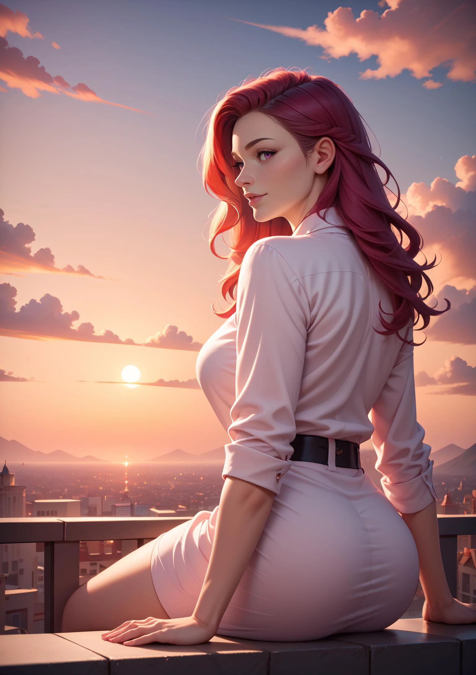 score_9, score_8_up, score_7_up, score_6_up,
romantic portrait of girl, girl sitting on the tiled roof looking to a far, romantic pink clouds on bg, sunset,
ambient light, beautifully lit,
extremely beautiful, extremely hyper aesthetic, professional artwork