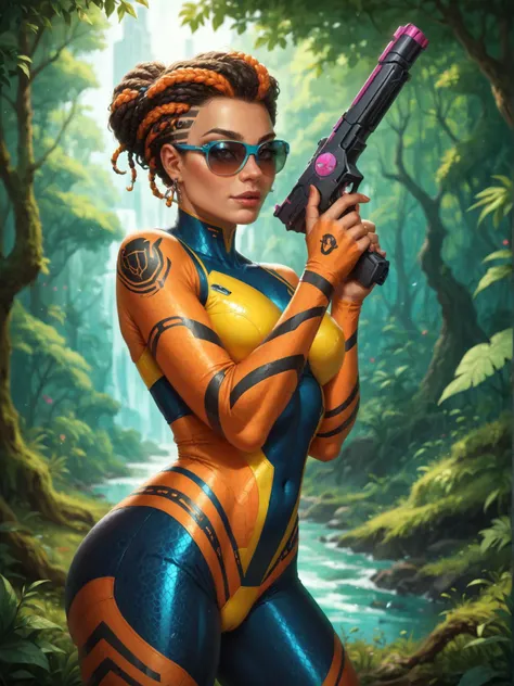 afrofuturism aesthetic score_9, score_8_up, score_7_up, score_6_up, vibrant, source_photo, realistic, and has dreamy dragonfruit dew hair, the sunset paints the sky in shades of orange, masterpiece:2.4, holds a gun firmly in her hand, blurred forest background, cyberpunk woman, the image showcases a character with the appearance of a tiger, and even bedding featuring similar designs to capture the essence of tranquility and serenity., iridescent digital art, further emphasizing her combat ready stance. she is adorned in a suit of armor that shines in shades of blue and green, colorful city background . futuristic, african inspired, vibrant, highly detailed