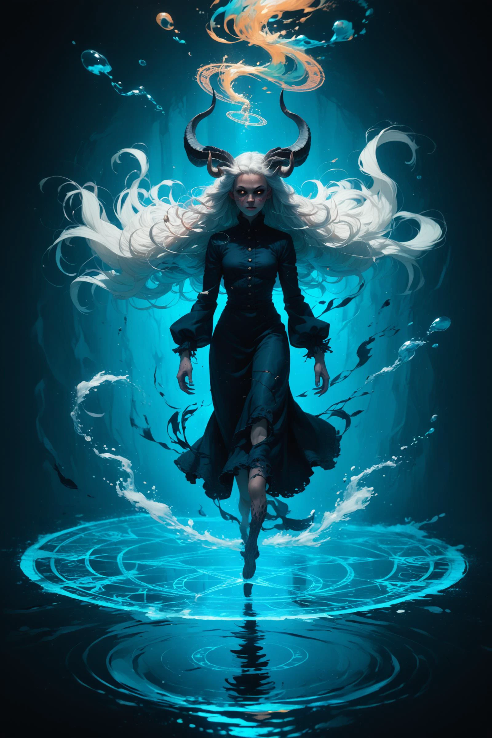 Abstract style 1girl, monster girl, in the sea, magic circle in her hands, water aura, long horns, long hair, floating hair, white hair, black eyes, <lora:D.I.D._Vaporwave_Visions:1>, score_9, score_8_up, score_7_up, . Non-representational, colors and shapes, expression of feelings, imaginative, highly detailed