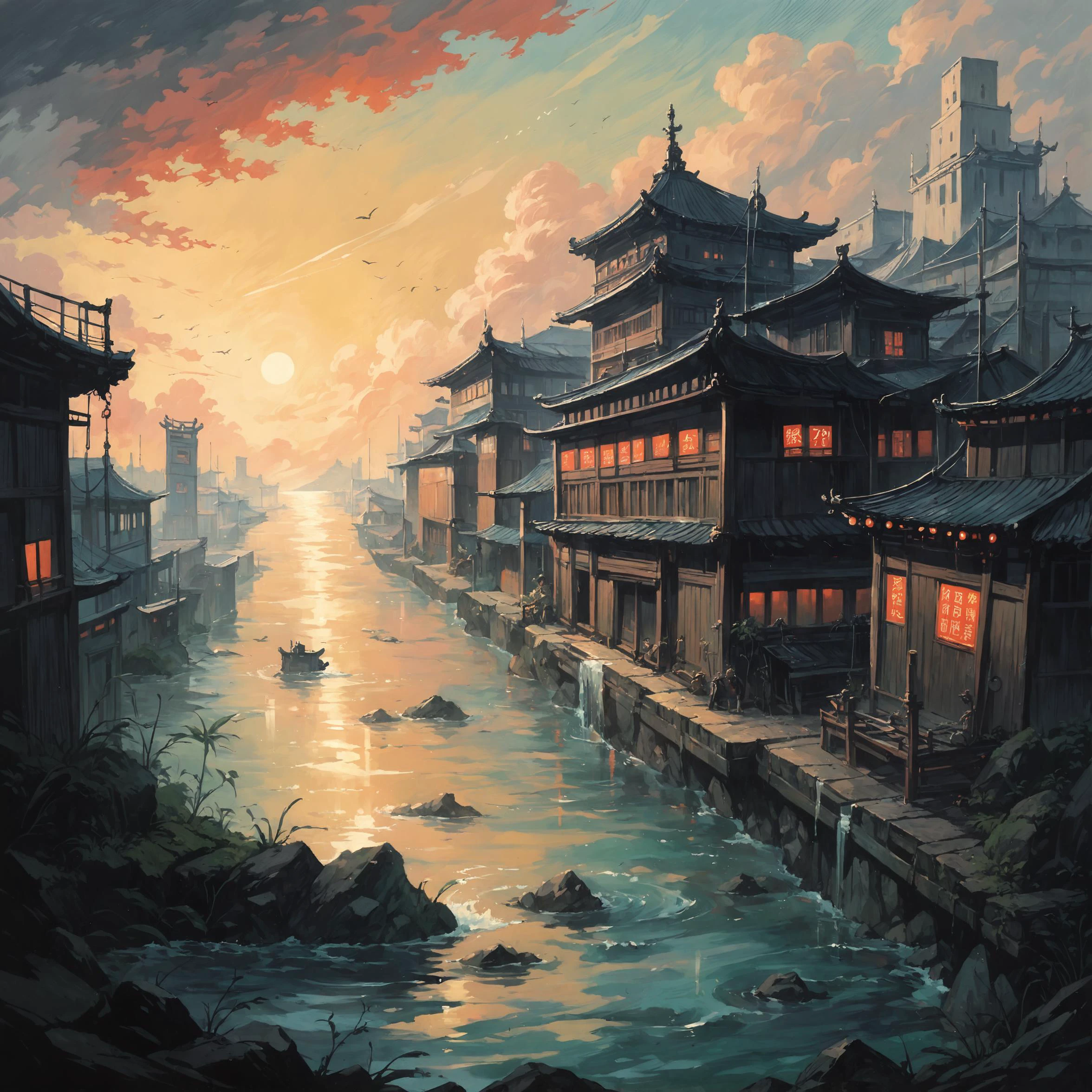 score_9, score_8_up, score_7_up, ancient japanese city, water, ocean, anime style, painting, source_anime, volumetric lighting, depth of field, cinematic, vibrant, shadows, detailed,