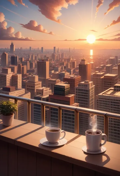 zPDXL, 1 cup of coffee, nobody, roof, city, sunrise, sun ray, intricate details, depth of field, 4K, masterpiece, rating_safe