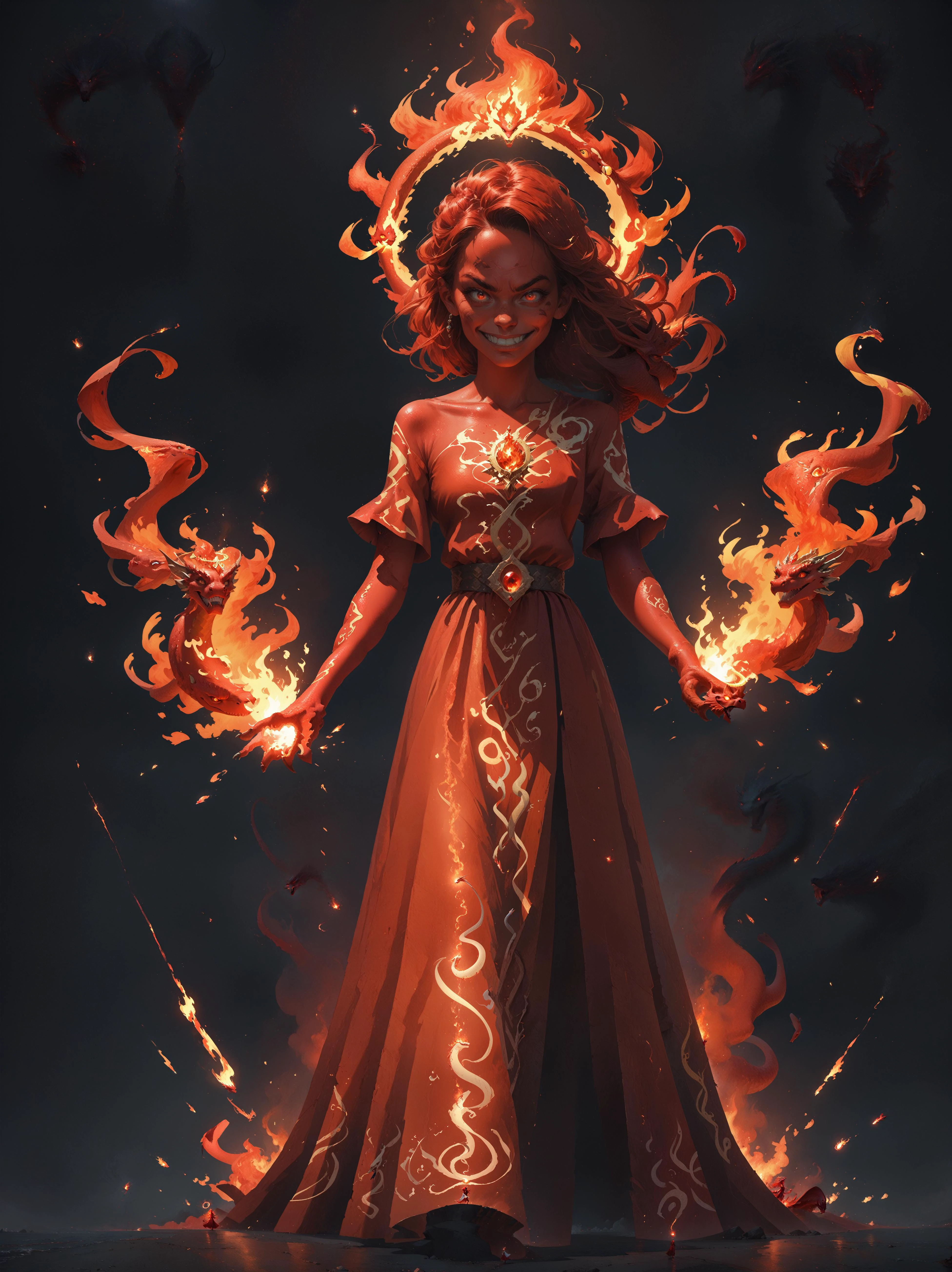 score_9,score_8_up,score_7_up,score_6_up,score_5_up,score_4_up,abstract sparks and flames background,red-black background,red clouds,red thunders,(cracking stones beneath),<lora:sinfully_stylish_SDKL:0.7>,girl,red skin,red long dress with fire emble,smirk,full body,fantasy,third quarter view,(floating flames, sparks),glowing intricate gemstones behind,heavily decorated dress,glowing firestones engrabed,red fire long hair,((deep shadows,hard shadows)),glowing haze,sparking sparks,dust,epic fantasy,<lora:d3t41l3dXLP:0.3>,d3t41l3d,<lora:is_pretty:0.7>,is pretty,<lora:Fant5yP0ny:0.7>,<lora:detailed_notrigger:1>,<lora:a_rainbow_exploding_with_joy:0.8>,A rainbow exploding with joy,(((dragon fire halo, fire snake,floating dragon face))),