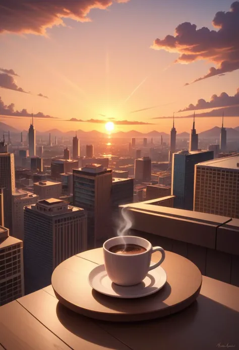 zPDXL, 1 cup of coffee, nobody, roof, city, sunrise, sun ray, intricate details, depth of field, 4K, masterpiece, rating_safe