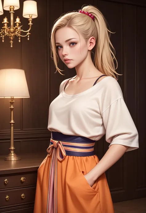 score_9, score_8_up, score_7_up, score_6_up, score_5_up, score_4_up,  concept art, realistic 1 girl, 
cute,
petite,
slender,
european,
pale cheeks,
square face shape with angular jaw,
natural "no-makeup" makeup,
f-cup breasts ,
blonde hair ,
ponytail  ,
upper body 
shabby chic bedroom with vintage chandelier, distressed furniture, and floral quilt  ,
steady rain with muted sunlight  ,
orange hues on the horizon  ,
Oversized shirt 
lower body clothing, solar-powered textile, , beads, tunic length, empire waist,  distressed details,sash,,side pockets,,embroidery   
vintage pantyhose 
t-strap heels  ,