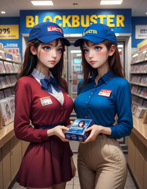score_9, score_8_up, score_7_up, best quality, masterpiece,realistic eye, realistic background, Detailed Background,cute,petite,
<lora:girl_like_blockbuster:0.8> ((blockbuster)), ((2girls)), score_9, score_8_up, score_7_up, solo, 1girl in short dress, holding a video rental store portrait cover goods, blue cap, blue polo shirt, pants, look at each other, indoor, counter, storefront, glass door, parted lips, different colors hair, big breasts, ribbon, sweat, shy, blush,