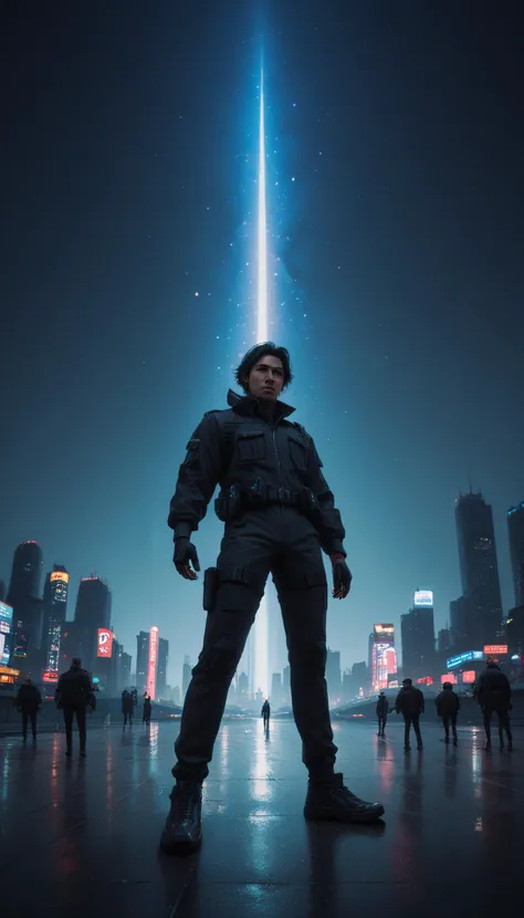 score_9, score_8_up, score_7_up, source_anime, dark elven ranger, dark hair, enhanced tactical nanotech clothing, at the side, standing on an outcropping, overlooking an alien metropolis, nighttime, galaxy in the sky, neon city lights,,