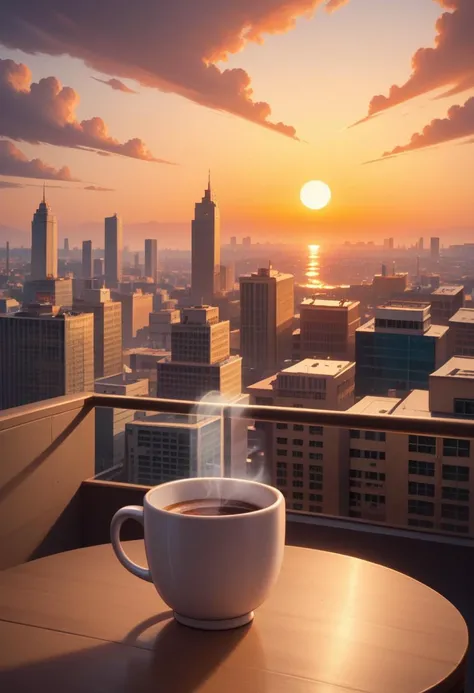 zPDXL, 1 cup of coffee, nobody, roof, city, sunrise, sun ray, intricate details, depth of field, 4K, masterpiece, rating_safe