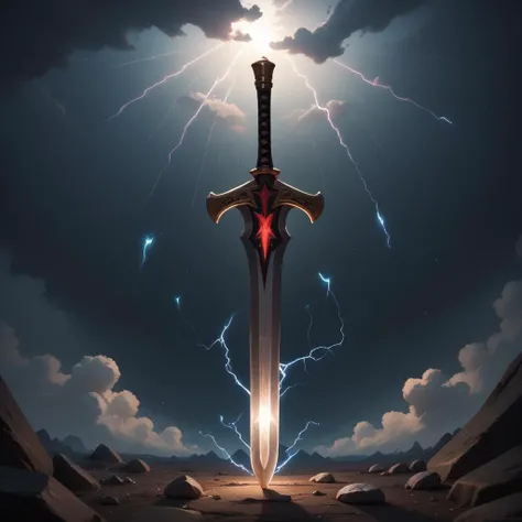 score_9, score_8_up, score_7_up, score_6_up, score_5_up, score_4_up,
gloomy dark landscape, rocks, stones, clouds, lightning, high contrast, (bright shining (sword) flies in air:1.3), (close-up sword:1.2),