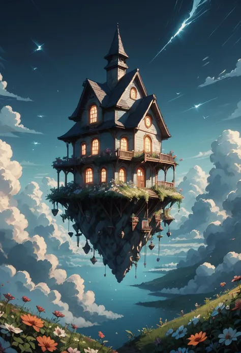 (score_9), score_8_up, score_7_up,
witch cottage, flowers,
floating building, floating in the air, cloud, sky, scenery, outdoors, storm,
Landscape, Countryside,Hovering Over Fields, (from above)
<lora:PDXL Floating Building:1>