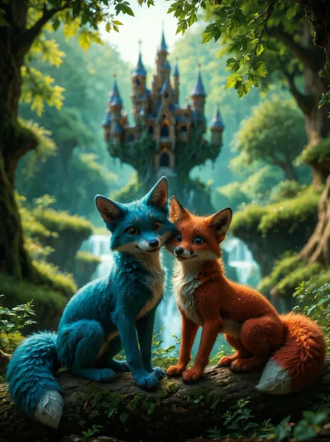 score_9, score_8_up, score_7_up, realistic, cute, fluffy, two Babies fox on branch, red fur, blue fur, bushy tail, mischievous, light ray, dreamy forest with castle background, vivid colors, shallow depth of field, vignette, highly detailed, bokeh, moody, epic, gorgeous, film grain, grainy, zPDXL-neg, <lora:detailed_notrigger:1>, <lora:MJ52:0.6>, <lora:add-detail-xl:1>, <lora:d3t41l3dXLP:0.5>