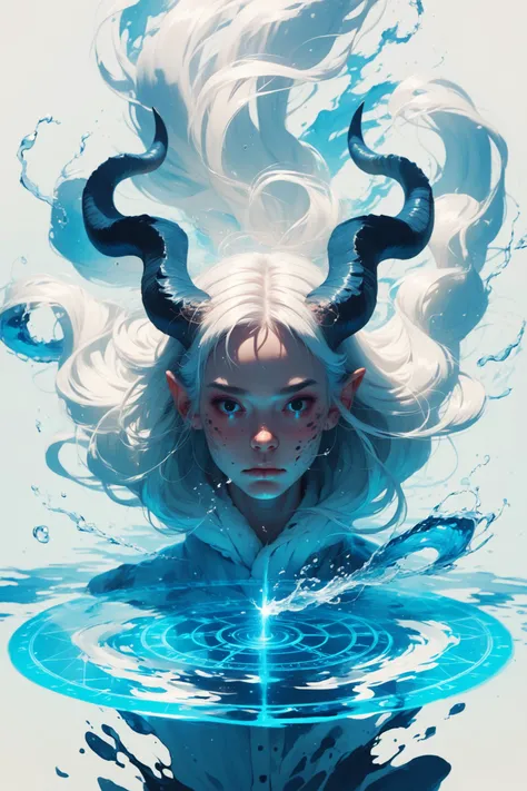 Abstract style 1girl, monster girl, in the sea, magic circle in her hands, water aura, long horns, long hair, floating hair, white hair, black eyes, <lora:D.I.D._Vaporwave_Visions:1>, score_9, score_8_up, score_7_up, . Non-representational, colors and shapes, expression of feelings, imaginative, highly detailed
