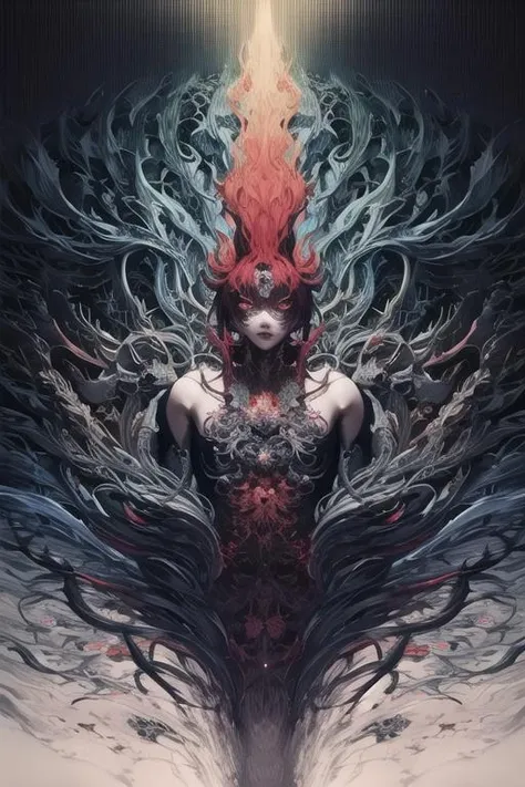 <lora:aurora-style-richy-v1:1>, aurorastyle, official art, unity 8k wallpaper, ultra detailed, beautiful and aesthetic, masterpiece, best quality, (zentangle, mandala, tangle, entangle), (fractal art:1.3), 1girl, extremely detailed, dynamic angle, cowboyshot, the most beautiful form of chaos, elegant, a brutalist designed, vivid colours, romanticism, by james jean, roby dwi antono, ross tran, francis bacon, michal mraz, adrian ghenie, petra cortright, gerhard richter, takato yamamoto, ashley wood, atmospheric, ecstasy of musical notes, streaming musical notes visible,