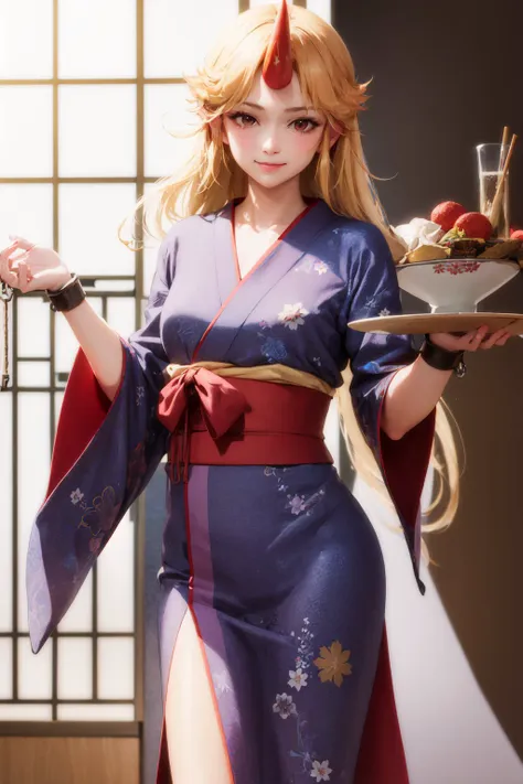 (masterpiece, best quality:1.2), <lora:touhou_hoshiguma-10:1>, cowboy shot, solo, 1girl, hoshiguma yuugi, smile, looking at viewer, holding tray, japanese clothes, kimono, cuffs, shackles