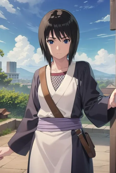 kunoichishizune, <lora:kunoichi shizune-lora-nochekaiser:1>,
shizune, short hair, black hair, (black eyes:1.3),
BREAK long sleeves, collarbone, japanese clothes, fishnets,
BREAK outdoors, forest, nature, trees, grass, sky, clouds, sun,
BREAK looking at viewer, (cowboy shot:1.5),
BREAK <lyco:GoodHands-beta2:1>, (masterpiece:1.2), best quality, high resolution, unity 8k wallpaper, (illustration:0.8), (beautiful detailed eyes:1.6), extremely detailed face, perfect lighting, extremely detailed CG, (perfect hands, perfect anatomy),