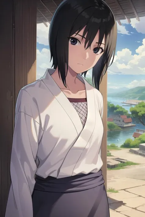 kunoichishizune, <lora:kunoichi shizune-lora-nochekaiser:1>,
shizune, short hair, black hair, (black eyes:1.3),
BREAK long sleeves, collarbone, japanese clothes, fishnets,
BREAK outdoors, forest, nature, trees, grass, sky, clouds, sun,
BREAK looking at viewer, (cowboy shot:1.5),
BREAK <lyco:GoodHands-beta2:1>, (masterpiece:1.2), best quality, high resolution, unity 8k wallpaper, (illustration:0.8), (beautiful detailed eyes:1.6), extremely detailed face, perfect lighting, extremely detailed CG, (perfect hands, perfect anatomy),