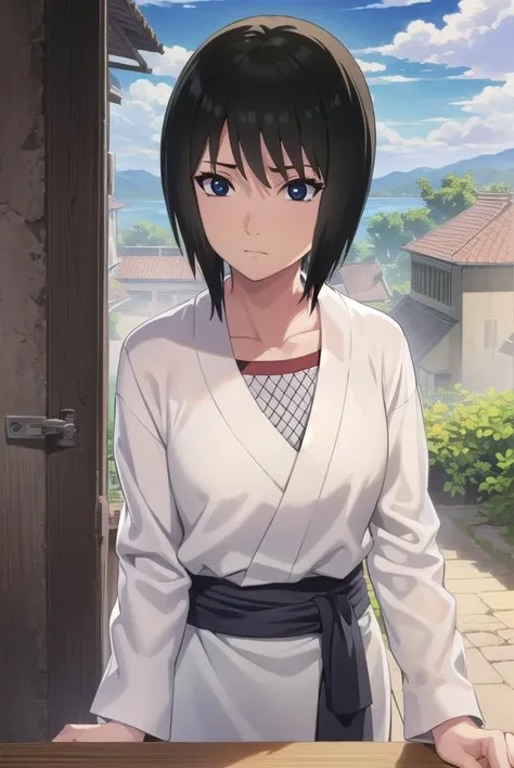 kunoichishizune, <lora:kunoichi shizune-lora-nochekaiser:1>,
shizune, short hair, black hair, (black eyes:1.3),
BREAK long sleeves, collarbone, japanese clothes, fishnets,
BREAK outdoors, forest, nature, trees, grass, sky, clouds, sun,
BREAK looking at viewer, (cowboy shot:1.5),
BREAK <lyco:GoodHands-beta2:1>, (masterpiece:1.2), best quality, high resolution, unity 8k wallpaper, (illustration:0.8), (beautiful detailed eyes:1.6), extremely detailed face, perfect lighting, extremely detailed CG, (perfect hands, perfect anatomy),