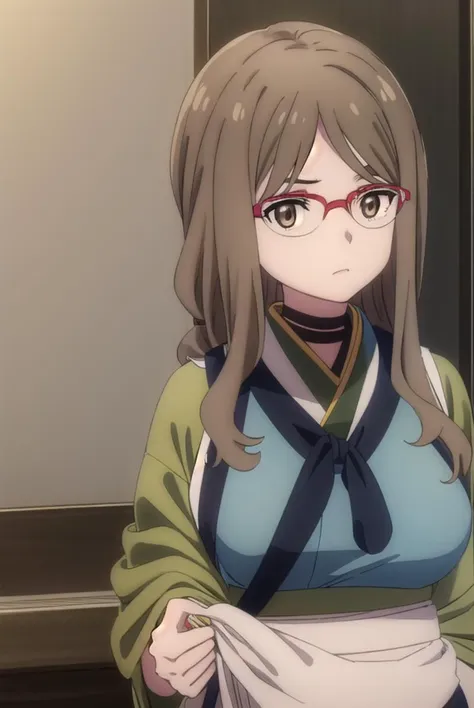 mizukinakahara, <lyco:mizukinakaharas1-lyco-nochekaiser:1>, 
mizuki nakahara, long hair, brown hair, (brown eyes:1.5), glasses, red-framed eyewear,
BREAK japanese clothes, choker, kimono, apron, black choker, waist apron, green kimono,
BREAK indoors, cafe, restaurant,
BREAK looking at viewer, (cowboy shot:1.5),
BREAK <lyco:GoodHands-beta2:1>, (masterpiece:1.2), best quality, high resolution, unity 8k wallpaper, (illustration:0.8), (beautiful detailed eyes:1.6), extremely detailed face, perfect lighting, extremely detailed CG, (perfect hands, perfect anatomy),