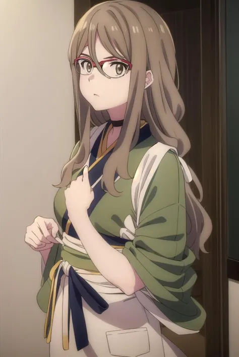 mizukinakahara, <lyco:mizukinakaharas1-lyco-nochekaiser:1>, 
mizuki nakahara, long hair, brown hair, (brown eyes:1.5), glasses, red-framed eyewear,
BREAK japanese clothes, choker, kimono, apron, black choker, waist apron, green kimono,
BREAK indoors, cafe, restaurant,
BREAK looking at viewer, (cowboy shot:1.5),
BREAK <lyco:GoodHands-beta2:1>, (masterpiece:1.2), best quality, high resolution, unity 8k wallpaper, (illustration:0.8), (beautiful detailed eyes:1.6), extremely detailed face, perfect lighting, extremely detailed CG, (perfect hands, perfect anatomy),