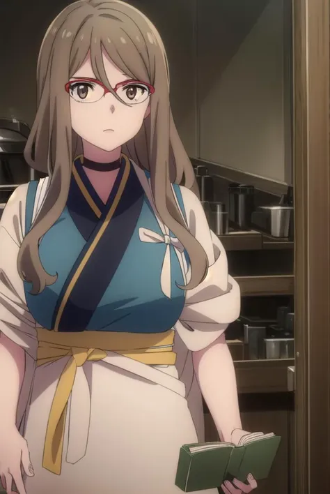 mizukinakahara, <lyco:mizukinakaharas1-lyco-nochekaiser:1>, 
mizuki nakahara, long hair, brown hair, (brown eyes:1.5), glasses, red-framed eyewear,
BREAK japanese clothes, choker, kimono, apron, black choker, waist apron, green kimono,
BREAK indoors, cafe, restaurant,
BREAK looking at viewer, (cowboy shot:1.5),
BREAK <lyco:GoodHands-beta2:1>, (masterpiece:1.2), best quality, high resolution, unity 8k wallpaper, (illustration:0.8), (beautiful detailed eyes:1.6), extremely detailed face, perfect lighting, extremely detailed CG, (perfect hands, perfect anatomy),