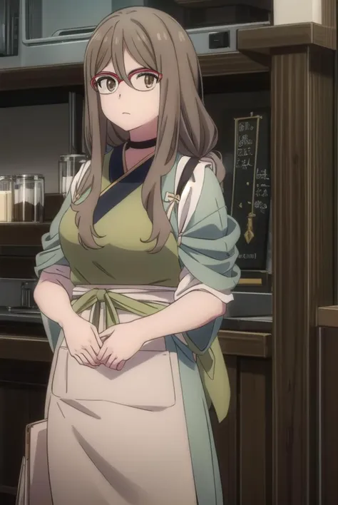 mizukinakahara, <lyco:mizukinakaharas1-lyco-nochekaiser:1>, 
mizuki nakahara, long hair, brown hair, (brown eyes:1.5), glasses, red-framed eyewear,
BREAK japanese clothes, choker, kimono, apron, black choker, waist apron, green kimono,
BREAK indoors, cafe, restaurant,
BREAK looking at viewer, (cowboy shot:1.5),
BREAK <lyco:GoodHands-beta2:1>, (masterpiece:1.2), best quality, high resolution, unity 8k wallpaper, (illustration:0.8), (beautiful detailed eyes:1.6), extremely detailed face, perfect lighting, extremely detailed CG, (perfect hands, perfect anatomy),