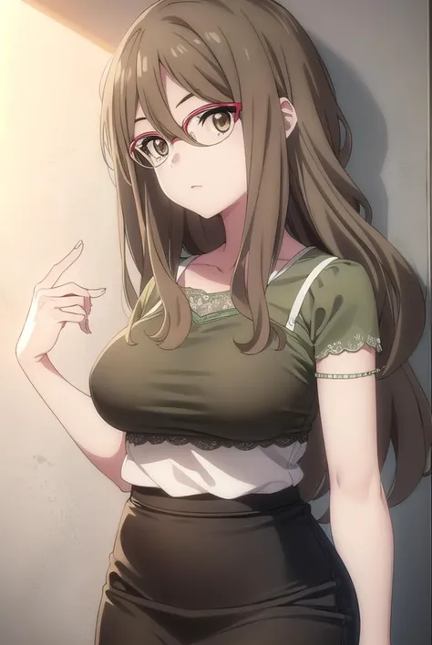 mizukinakahara, <lyco:mizukinakaharas1-lyco-nochekaiser:1>,
mizuki nakahara, long hair, brown hair, (brown eyes:1.5), glasses, red-framed eyewear,
BREAK shirt, green shirt, camisole, black camisole, skirt, white skirt, short sleeves, pantyhose, pencil skirt,
BREAK outdoors, city,
BREAK looking at viewer, (cowboy shot:1.5),
BREAK <lyco:GoodHands-beta2:1>, (masterpiece:1.2), best quality, high resolution, unity 8k wallpaper, (illustration:0.8), (beautiful detailed eyes:1.6), extremely detailed face, perfect lighting, extremely detailed CG, (perfect hands, perfect anatomy),
