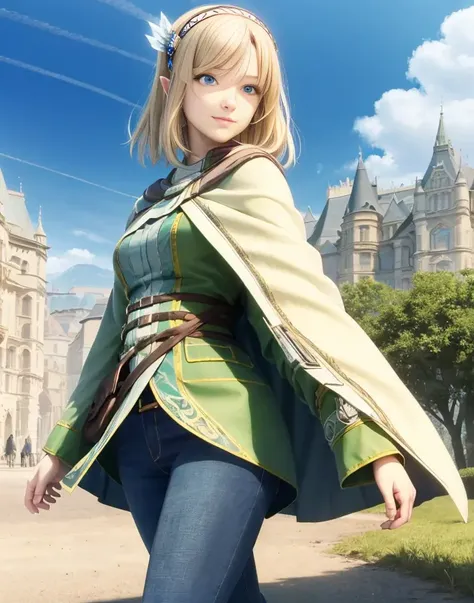 cayna, blue eyes, short hair, black pants, pointy ears, bangs, hairband, hair ornament, blonde hair, cape, hyper realistic, photograph, high quality , 8k, masterpiece, realistic human female, realistic proportions, detailed face, smooth soft skin, realistic dreamy eyes, beautiful intricate colored hair, symmetrical, intricately detailed hair, (ultra realistic):1.2, smile, (beautiful detailed face), smooth skin, perfect skin, extreme realism, depth, perspective, composition, color, contrast, foreground, middle ground, background, outdoors, afternoon, day time, sunny, nature, clouds, sky, mountains, looking at viewer, cowboy shot