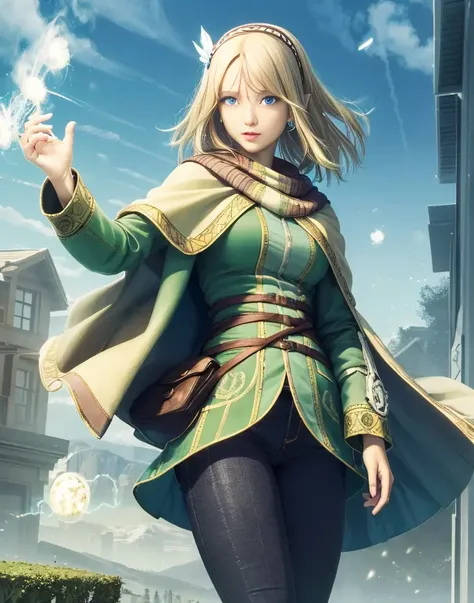 cayna, blue eyes, short hair, (black pants), pointy ears, bangs, hairband, hair ornament, blonde hair, cape, hyper realistic, photograph, high quality , 8k, masterpiece, realistic human female, realistic proportions, detailed face, smooth soft skin, realistic dreamy eyes, beautiful intricate colored hair, symmetrical, intricately detailed hair, (ultra realistic):1.2, smile, (beautiful detailed face), smooth skin, perfect skin, extreme realism, depth, perspective, composition, color, contrast, foreground, middle ground, background, outdoors, afternoon, day time, sunny, nature, clouds, sky, mountains, looking at viewer, cowboy shot, ((electricity, magic):1.5):1.5, (floating plasma balls):1.5, floating hair, (electric hand:1.5):1.5, (white glowing hand:1.5):1.5, snapping finger